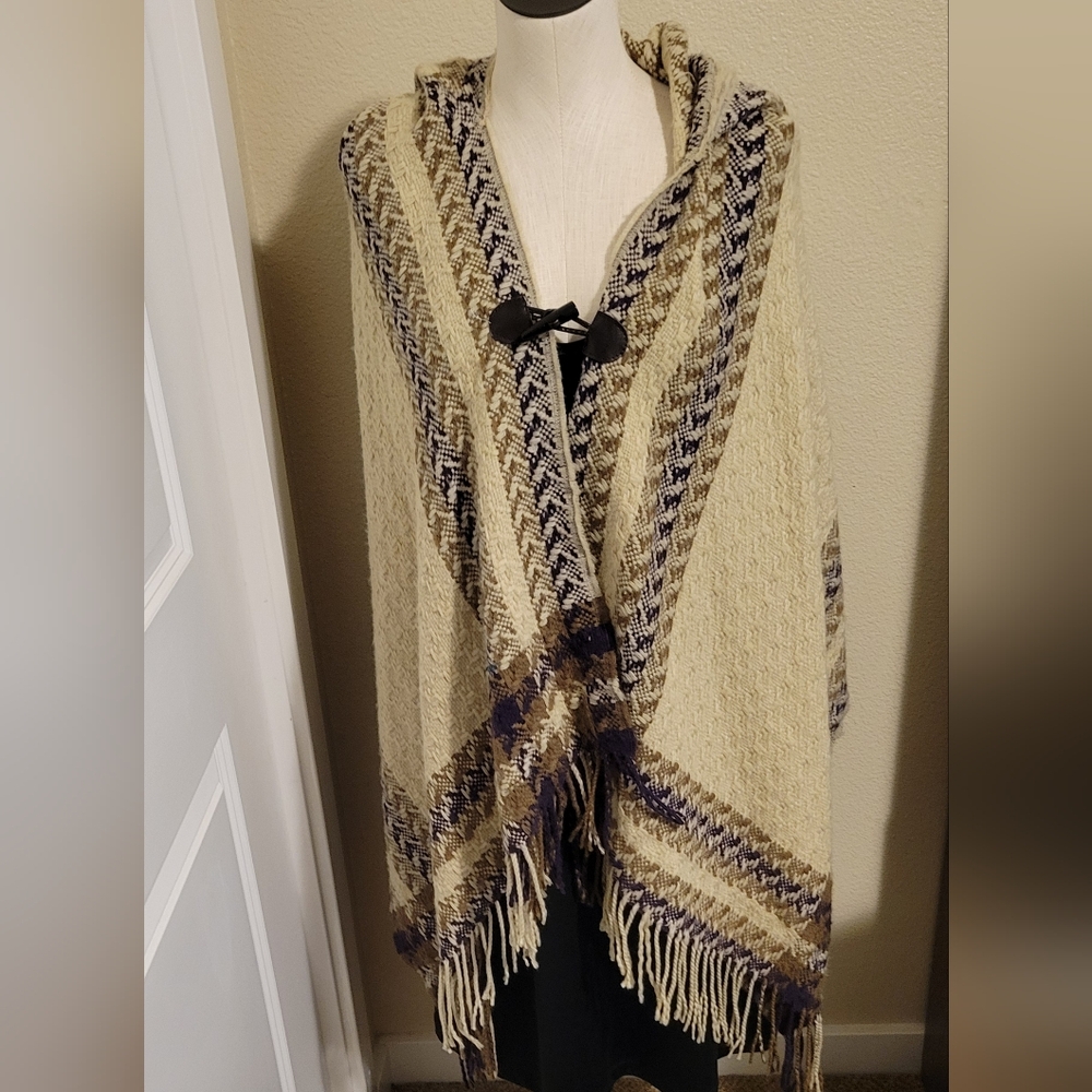 Tan wrap poncho with hood